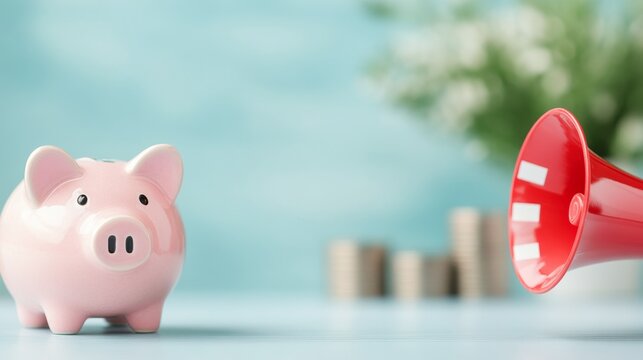 A pink piggy bank with a red megaphone on a blue background highlighting savings and investment
