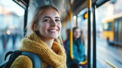 Young woman smiling on a bus during a sunny afternoon commute