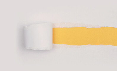 Torn, ripped paper pieces hole frame. White gray, Yellow copy space texture background