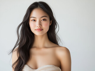 A photograph of an attractive Asian woman with long hair, wearing a strapless top and posing for the camera in a frontal view.