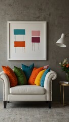 Modern interior room photo with a colorful white sofa and blank frame.