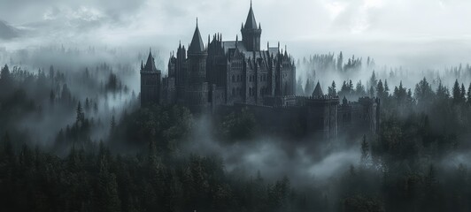 Fototapeta premium An ancient Gothic castle, with towering turrets, battlements, and a dark, foreboding moat