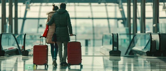 A man and woman walking through an airport with their luggage