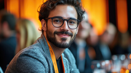 Obraz premium A young man with glasses smiles joyfully while attending a vibrant conference, surrounded by other engaged participants in the background
