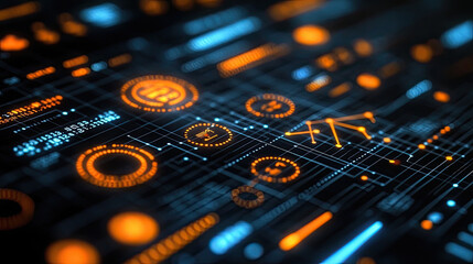 Obraz premium A dynamic display of glowing orange and blue data points and graphs conveys technological advancements and data analysis visually