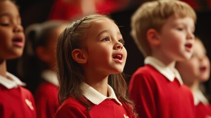 Fototapeta premium Children's choir in colorful outfits performs on stage