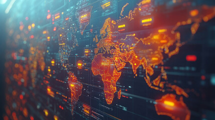 Fototapeta premium A vibrant digital world map displays interconnected nodes and glowing regions, representing global data connections and technology advancements