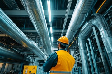Engineer inspecting large industrial ventilation system with exposed ducts and machinery in a factory. Industrial workspace concept. Design for banner, poster, and print
