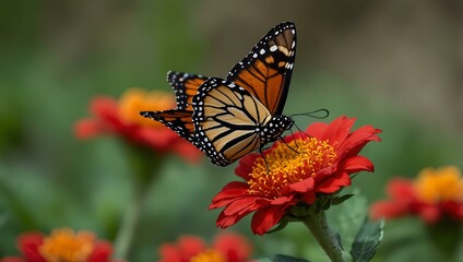 Monarch butterfly resting on a red flower.