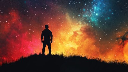 A lone figure stands silhouetted against a vibrant, star-filled night sky, gazing out at the cosmos.
