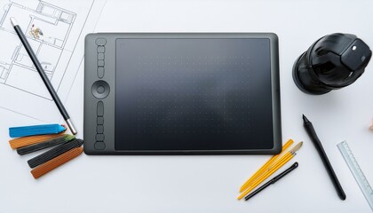 Fototapeta premium Digital tablet with drawing tools, placed on a white surface