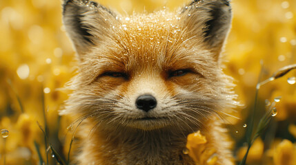 Fototapeta premium The fox appears content, enjoying the warmth of the sun while surrounded by blooming yellow flowers and glistening dewdrops