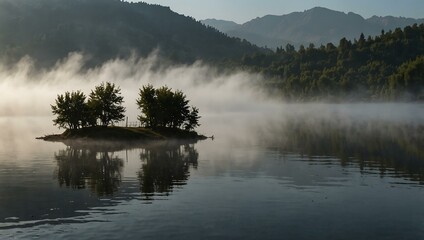 Morning mist over Savsat Karagol Black Lake in Turkey.