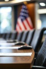 American flag prominently displayed in a court setting with soft bokeh lighting in the background