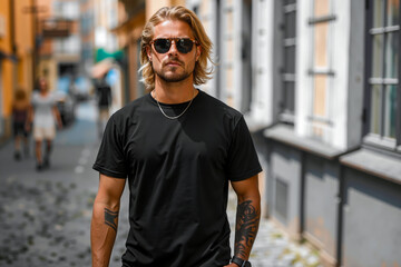 A man in a black shirt and sunglasses walking down a street