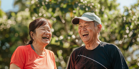 An older couple laughing together in the park