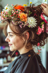 A woman with a flower crown on her head in a salon