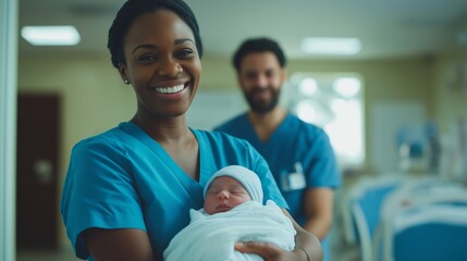 Diverse Healthcare Professionals Smiling, Holding Newborn in Hospital Concept of Healthcare, Maternity, and Diversity