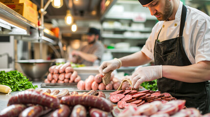 A man in an apron preparing sausages in a kitchen