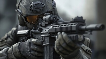 Fototapeta premium Intense Standoff: The Readiness of a Modern Soldier in Tactical Combat Gear