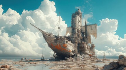 Fototapeta premium Exploring the Mystical Ruins of an Abandoned Ship: A Journey Through Time and Nature's Wonders
