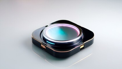 Futuristic makeup compact with glowing accents, isolated on a white surface