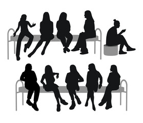 Set of female silhouettes sitting, bench and pouf