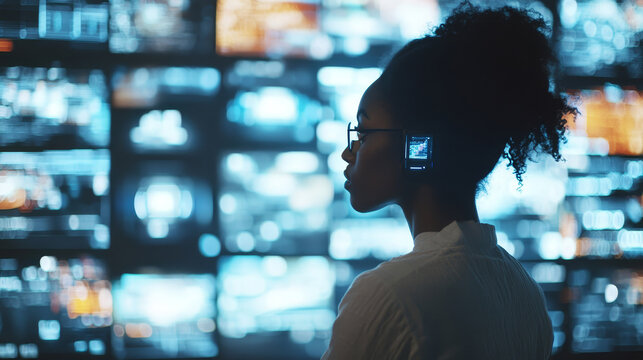  African American woman gazes at glowing holographic screens filled with digital content, her face illuminated by the futuristic display. The scene captures the essence of modern technology.