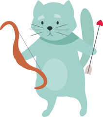 Blue cat is holding a bow and arrow with a heart, ready to spread love for valentine's day