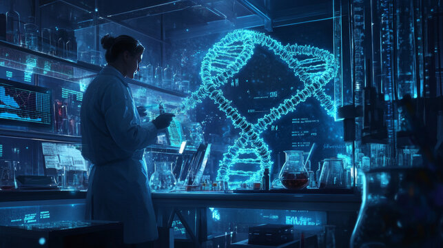 "Laboratory scene with researchers discovering the double helix DNA structure, featuring advanced equipment, data charts, and glowing DNA strands, symbolizing its impact on humanity."