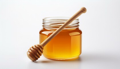  Glass jar of honey with a wooden dipper, placed on a bright white surface