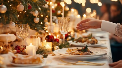 A beautifully set table with candles and ornaments, perfect for a festive dinner party.