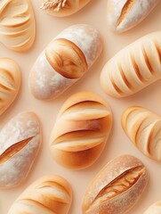A flat lay of freshly baked bread rolls on a light background.