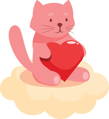 Pink cartoon cat holding a red heart while sitting on a cloud