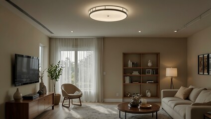 Fototapeta premium Neutral-colored home interior with flush ceiling light.