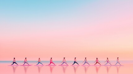 A group of women practice yoga poses on the beach at sunset.