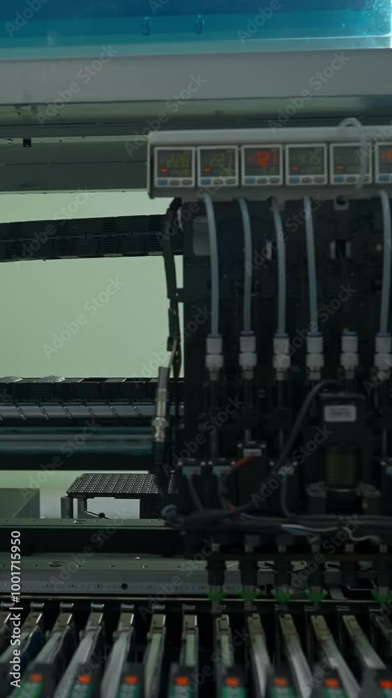 Poster automatic pick and place machine is installing components on circuit board. creative. assembly line 