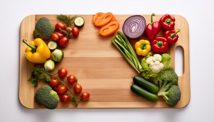 cutting board with fresh vegetables arranged neatly, isolated on white background 