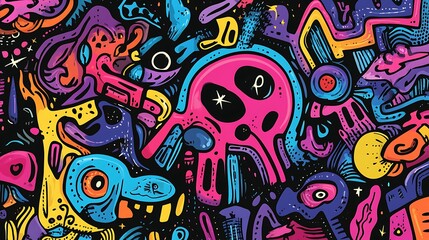 Fototapeta premium Abstract colorful doodle pattern with a skull on a black background.