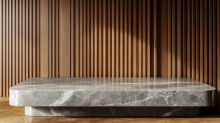  Gray kitchen marble tabletop for product presentation. Empty countertop mockup on brown wall panels with wooden slats. Clean podium for luxury bar or beauty advertisement. 