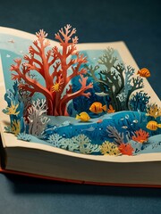 Open pop-up book depicting an underwater scene with coral and fish.