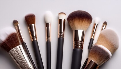 Modern makeup brushes arranged on a white background