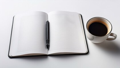  Open notebook and pen with a cup of coffee, representing creative brainstorming, isolated on white background