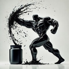 A dynamic black figure bursting out of a container of protein powder. Muscular silhouette in motion, black resin shilajit in the form of a silhouette of a man. The monochromatic composition symbolizes