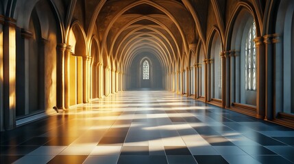 Obraz premium A long, arched hallway with large windows and sunlight streaming through.