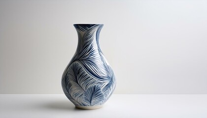  Stylish vase with a minimalistic pattern, placed on a bright white backdrop