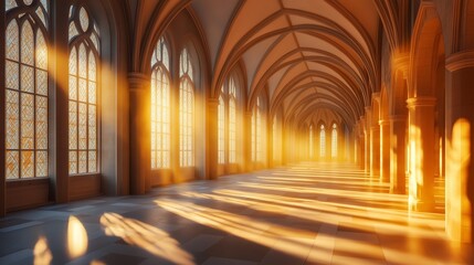 Obraz premium Golden sunlight streams through the arched windows of a cathedral hallway.