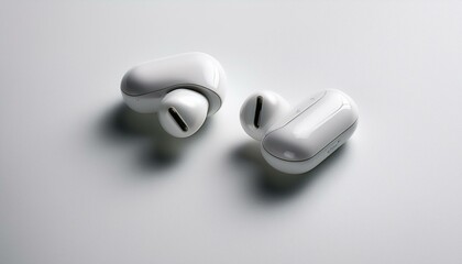 Wireless earbuds placed on a bright white surface