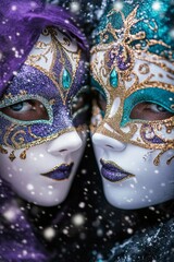 Two women wearing elaborate masks with vibrant colors and intricate designs at a festival