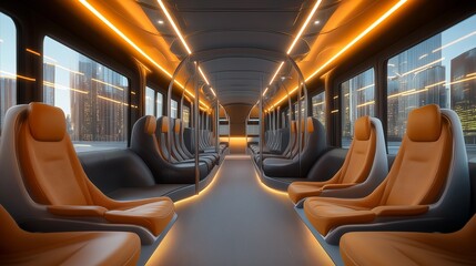 Obraz premium Empty, modern bus with sleek orange and grey seats.